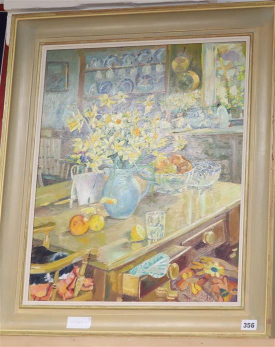 Mary Martin, oil on board, Daffodils in the kitchen, 54 x 44cm and a watercolour by Clare Ormerod